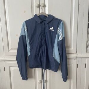 Women’s blue and white striped adidas bomber long sleeve zipper jacket trendy L